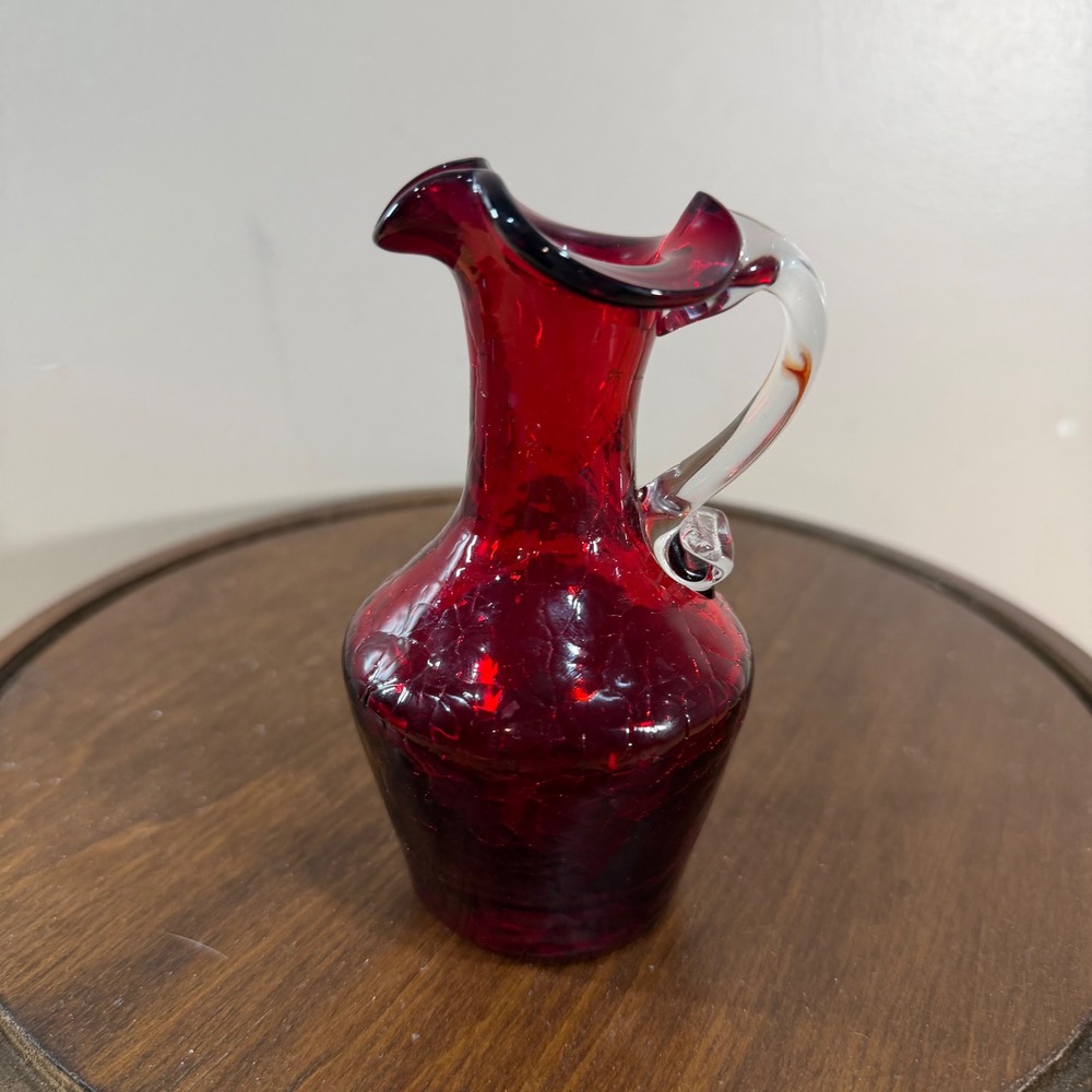 Vtg Ruby Red Crackle Glass Mini Pitcher Red MCM Art Glass Ruffled Rim 5.5"